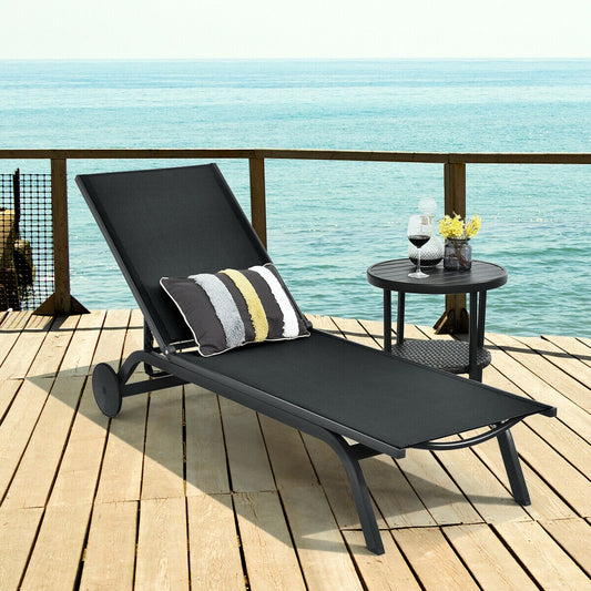 Aluminum Fabric Outdoor Patio Lounge Chair, Adjustable Reclining, Black Outdoor Chaise Lounges Black at Gallery Canada
