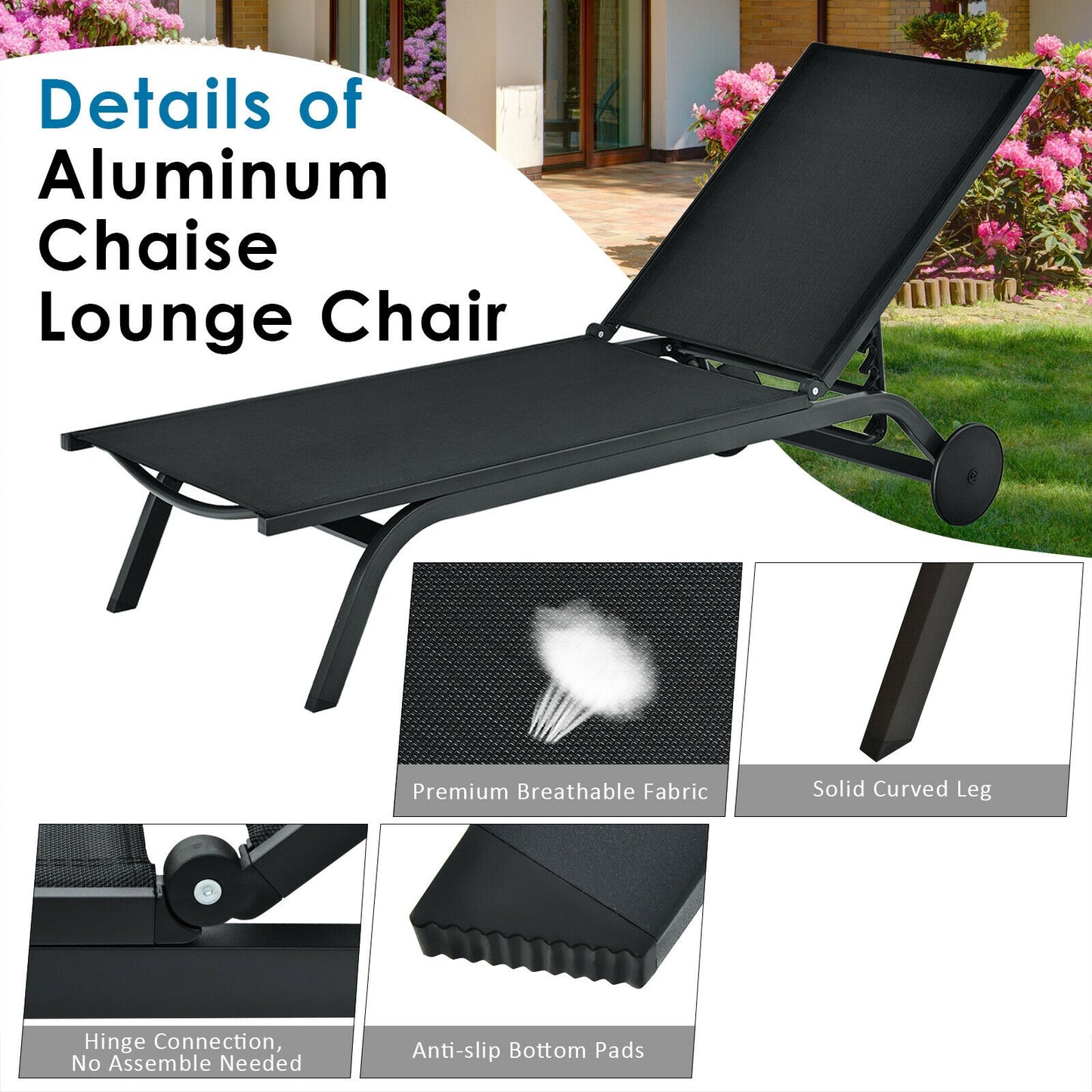 Aluminum Fabric Outdoor Patio Lounge Chair with Adjustable Reclining , Black Outdoor Chaise Lounges at Gallery Canada