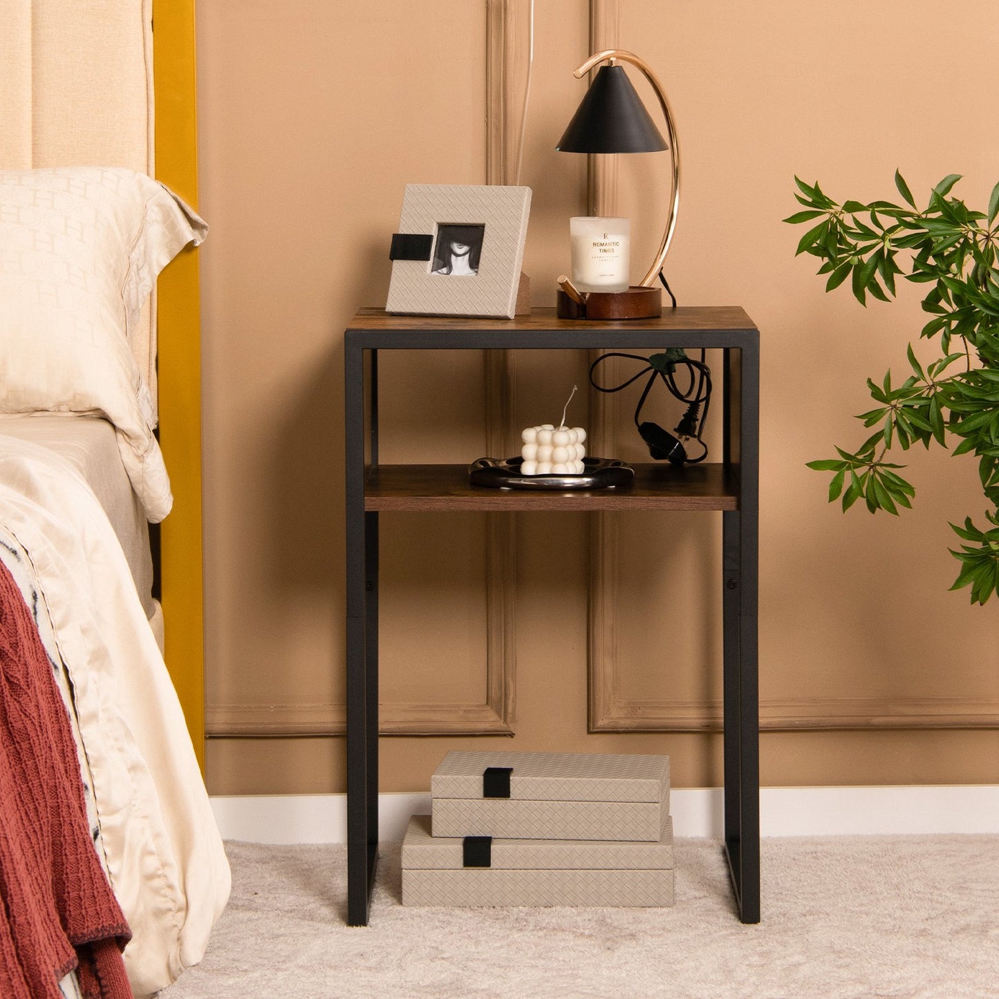 Industrial Side Table with Anti-Rust Steel Frame and Open Storage, Rustic Brown at Gallery Canada