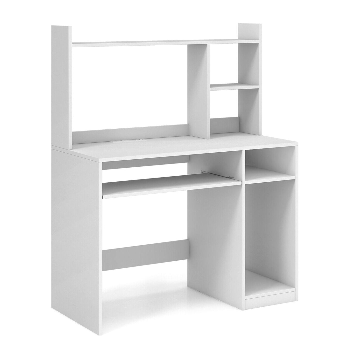 Home Office Computer Desk with Bookcase Keyboard Tray and CPU Stand, White