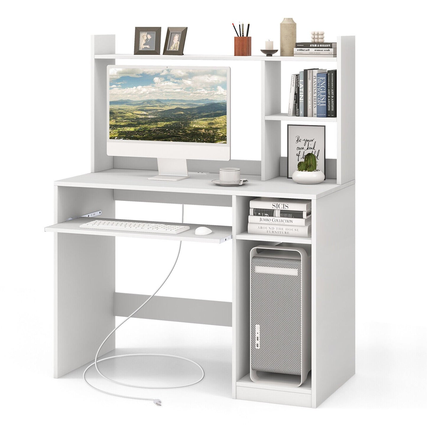 Home Office Computer Desk with Bookcase Keyboard Tray and CPU Stand, White
