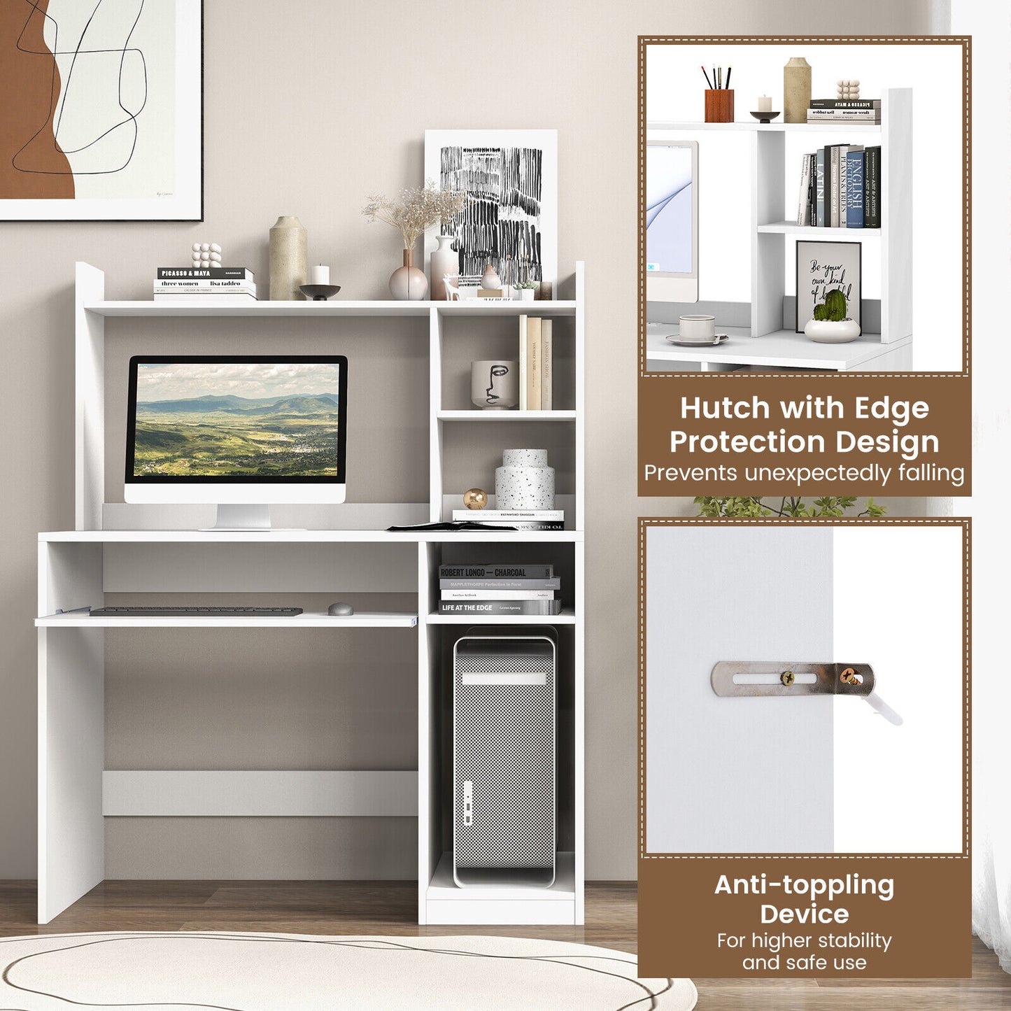 Home Office Computer Desk with Bookcase Keyboard Tray and CPU Stand, White Computer Desks at Gallery Canada