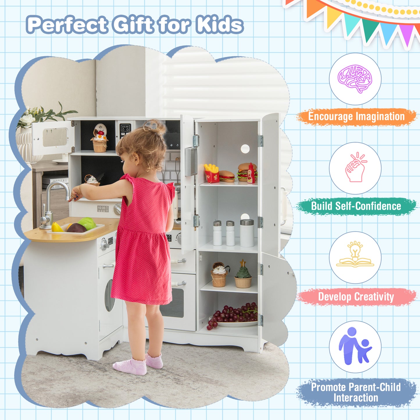Wooden Kid's Corner Kitchen Playset with Stove for Toddlers, Natural & White Play Kitchen Sets at Gallery Canada