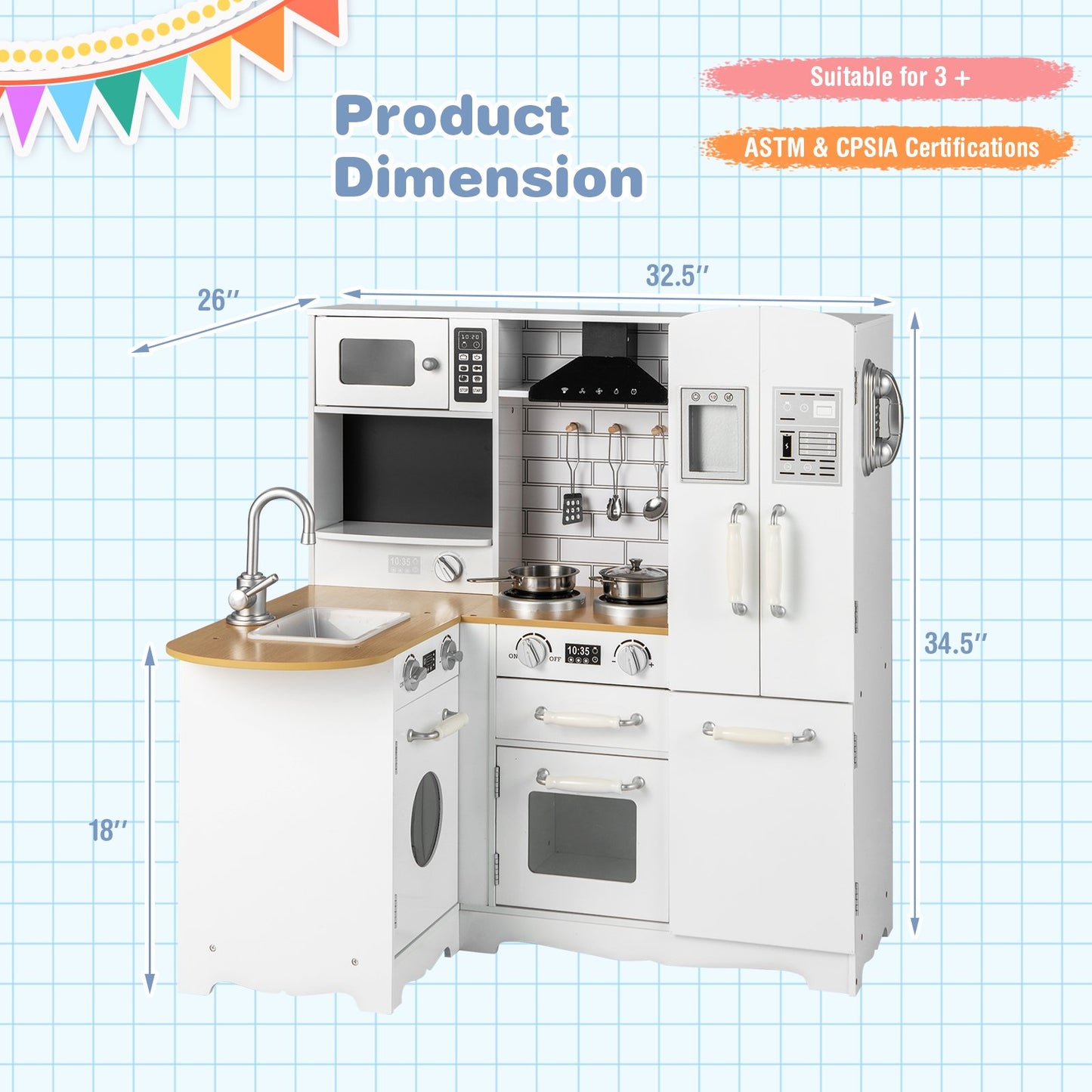 Wooden Kid's Corner Kitchen Playset with Stove for Toddlers, White