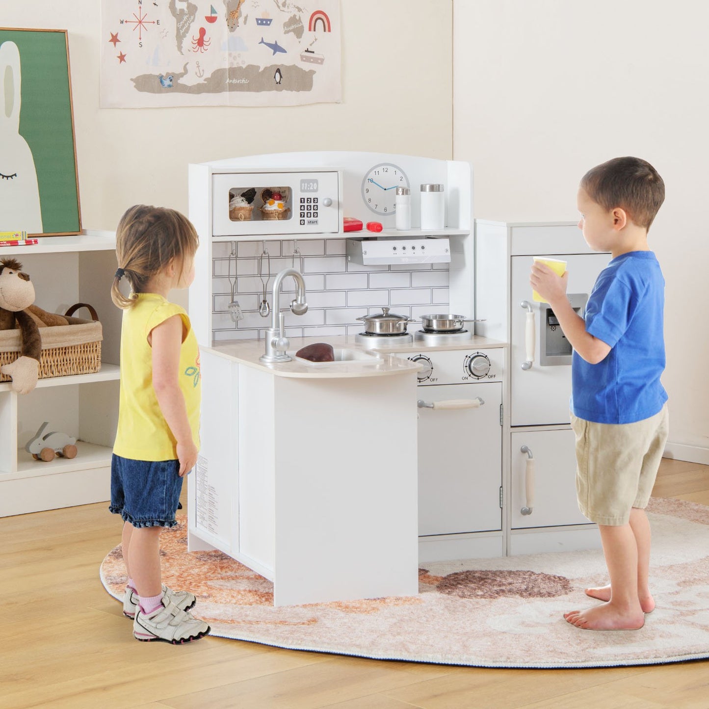 Kids Kitchen Playset Conor Kitchen Toy with Realistic Microwave and Oven Stove, White