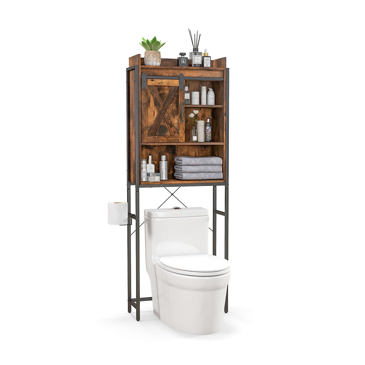 4-Tier Multifunctional Toilet Sorage Cabinet with Adjustable Shelf and Sliding Barn Door, Rustic Brown