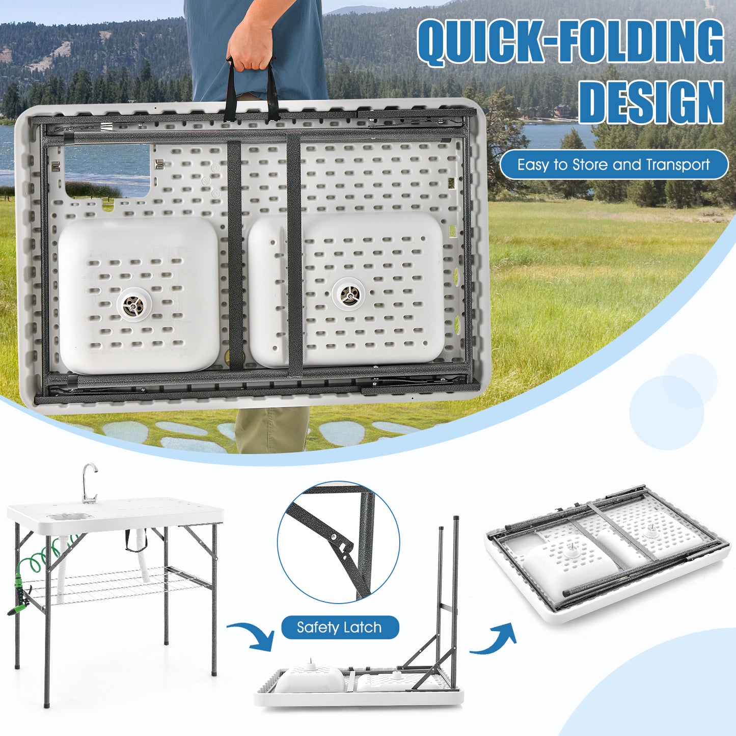2-in-1 Folding Fish Cleaning Table, White Camping Furniture at Gallery Canada