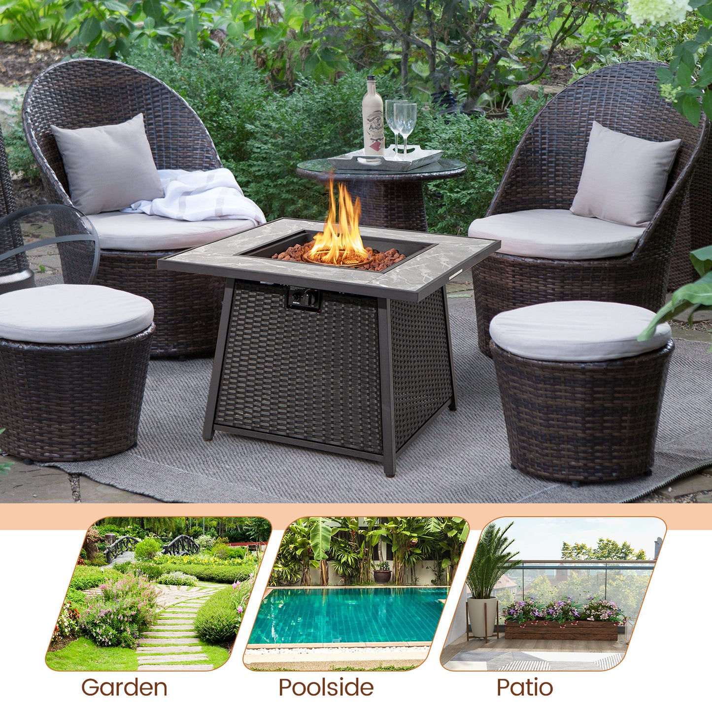 35 Inch Propane Gas Fire Pit Table Wicker Rattan with Lava Rocks PVC Cover, Black Fire Pit Tables at Gallery Canada