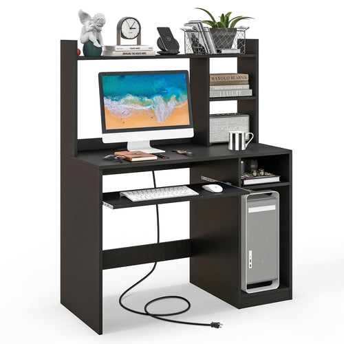 Home Office Computer Desk with Bookcase Keyboard Tray and CPU Stand, Black