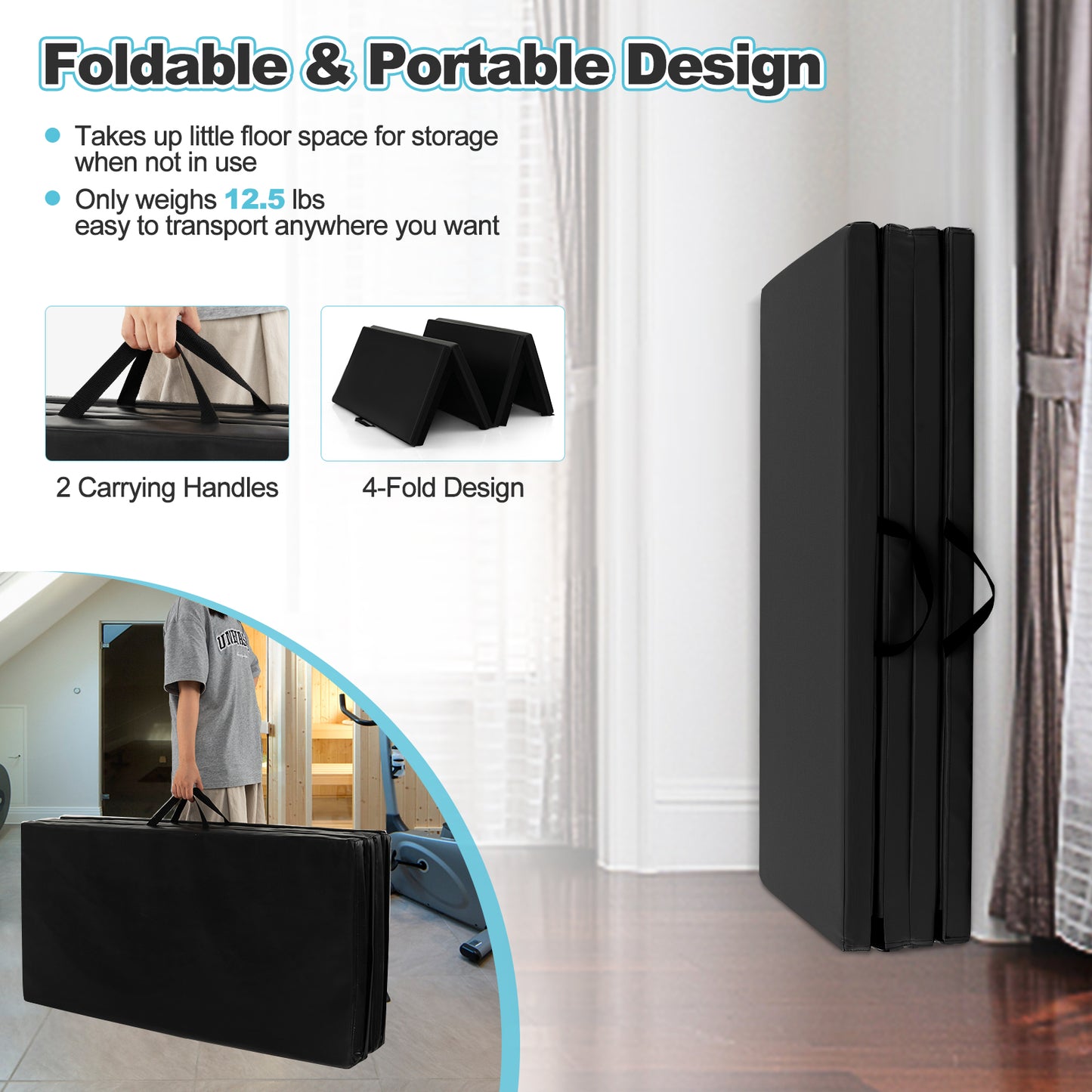 Folding Gymnastics Mat, With Carry Handles, Sweatproof PU Leather Cover, Black Yoga & Gym Mats at Gallery Canada
