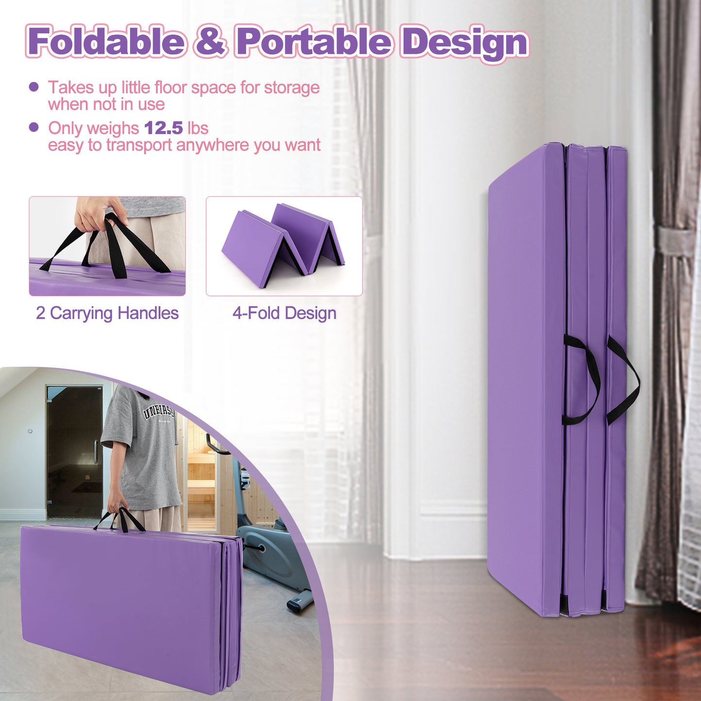 Folding Gymnastics Mat, With Carry Handles, Sweatproof PU Leather Cover, Purple Yoga & Gym Mats at Gallery Canada