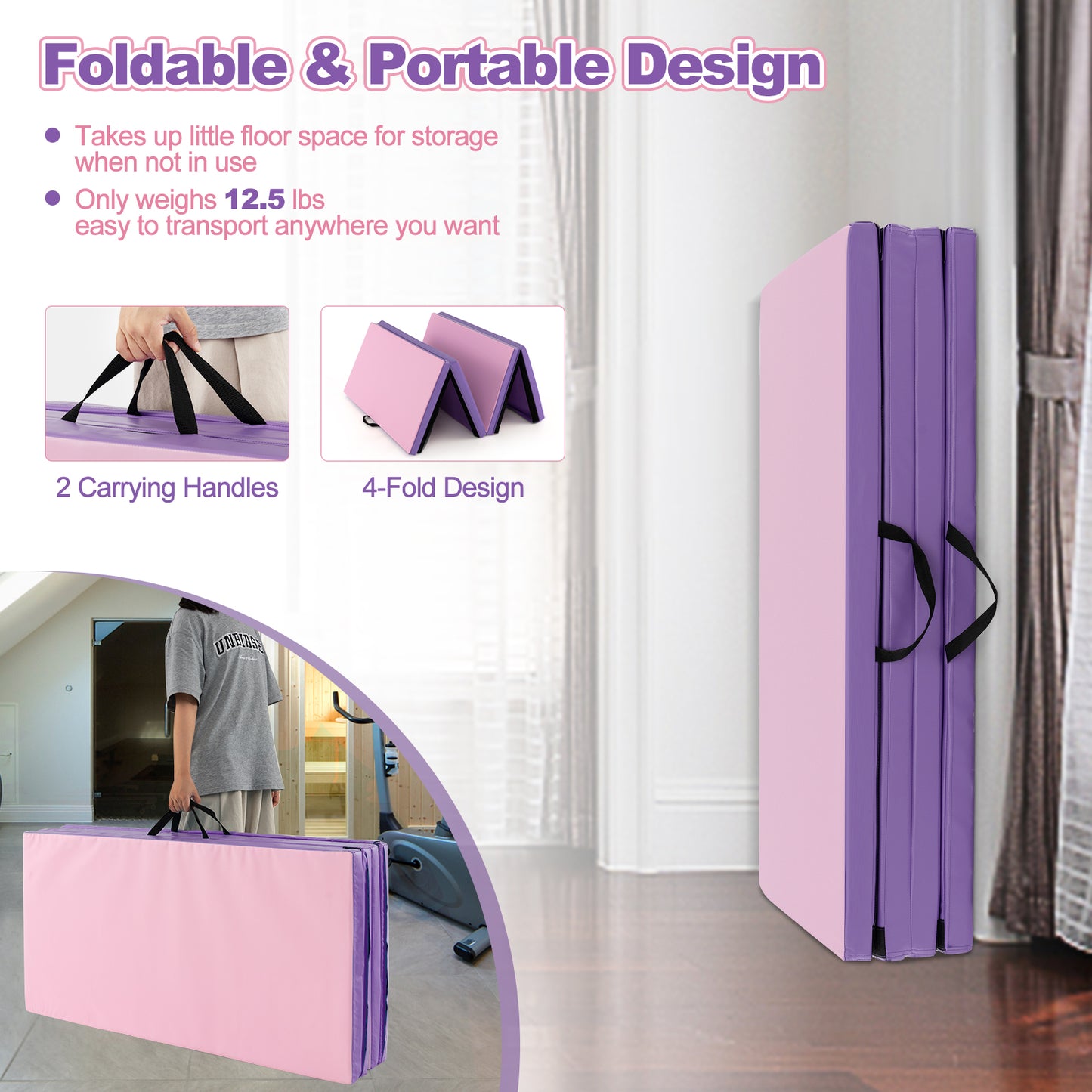Folding Gymnastics Mat with Carry Handles and Sweatproof Detachable PU Leather Cover, Pink Yoga & Gym Mats at Gallery Canada