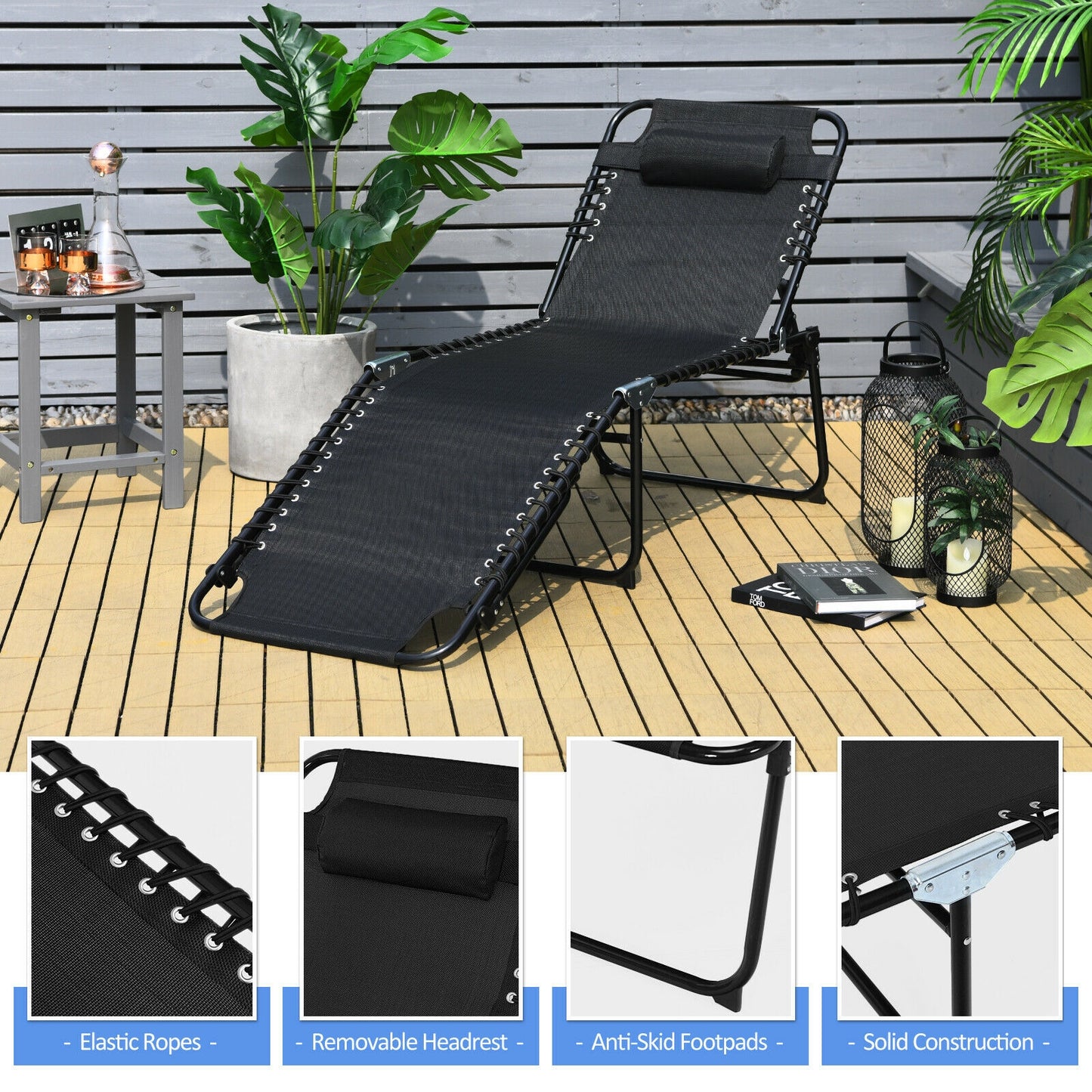 Foldable Recline Lounge Chair, Adjustable Backrest, Footrest, Black Outdoor Chaise Lounges at Gallery Canada
