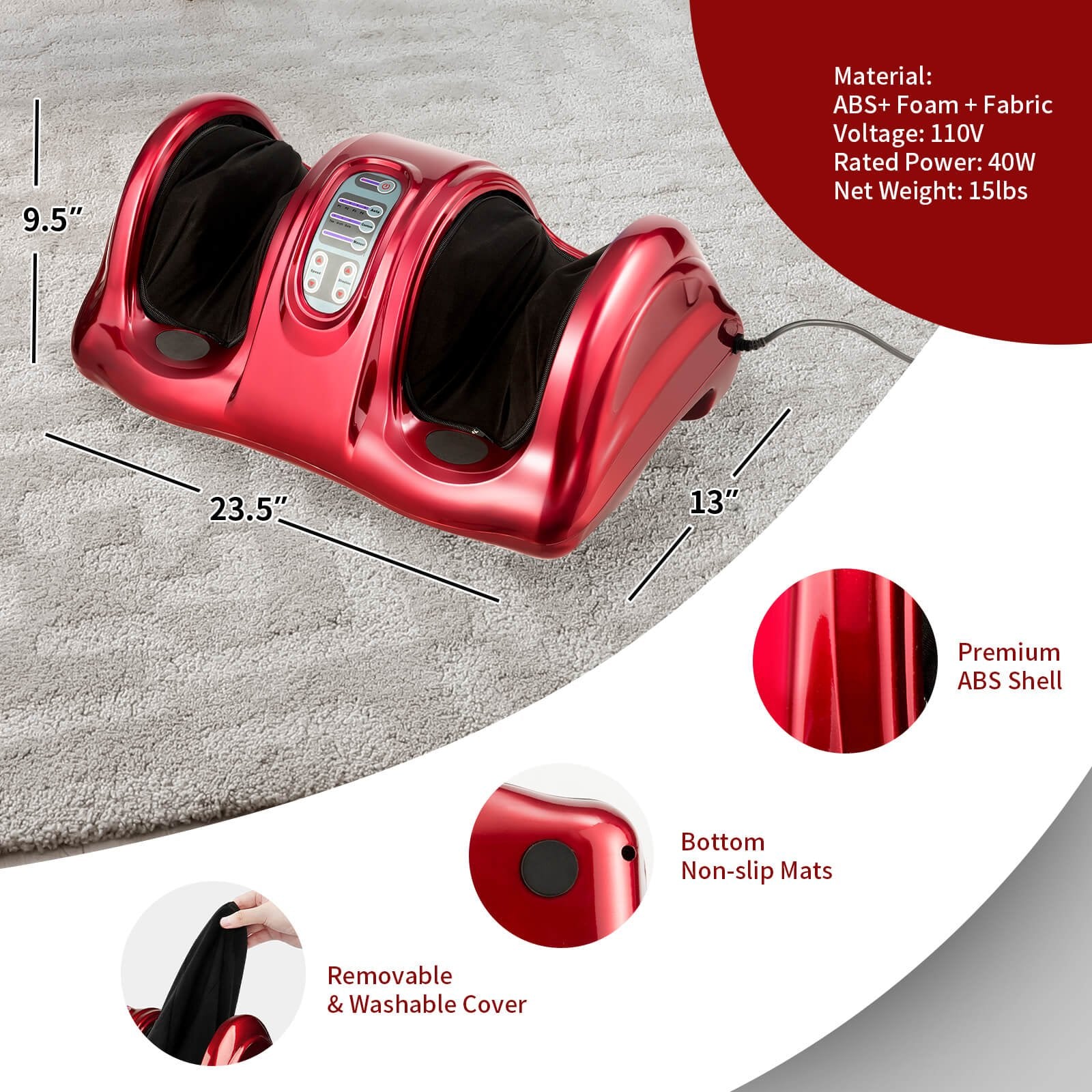 Therapeutic Shiatsu Foot Massager with High Intensity Rollers, Dark Red at Gallery Canada