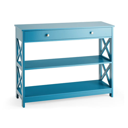 Console Table 3-Tier with Drawer and Storage Shelves, Blue