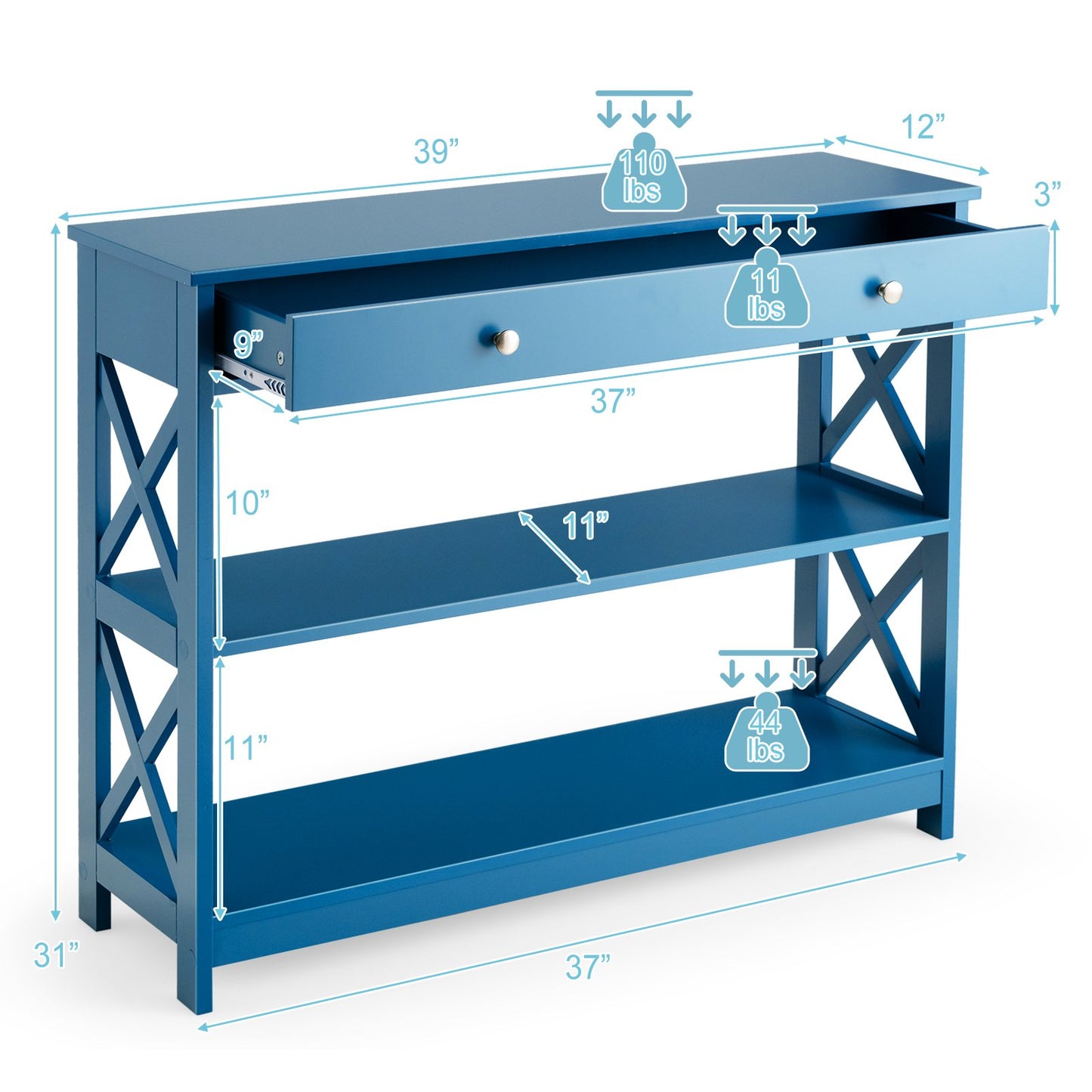 Console Table 3-Tier with Drawer and Storage Shelves, Blue at Gallery Canada