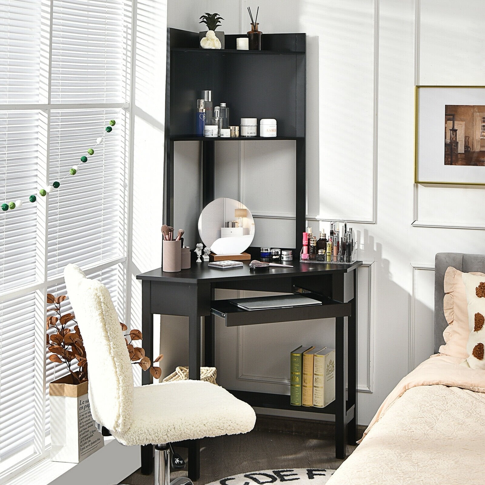 Corner Computer Desk with Hutch and Storage Shelves, Black at Gallery Canada
