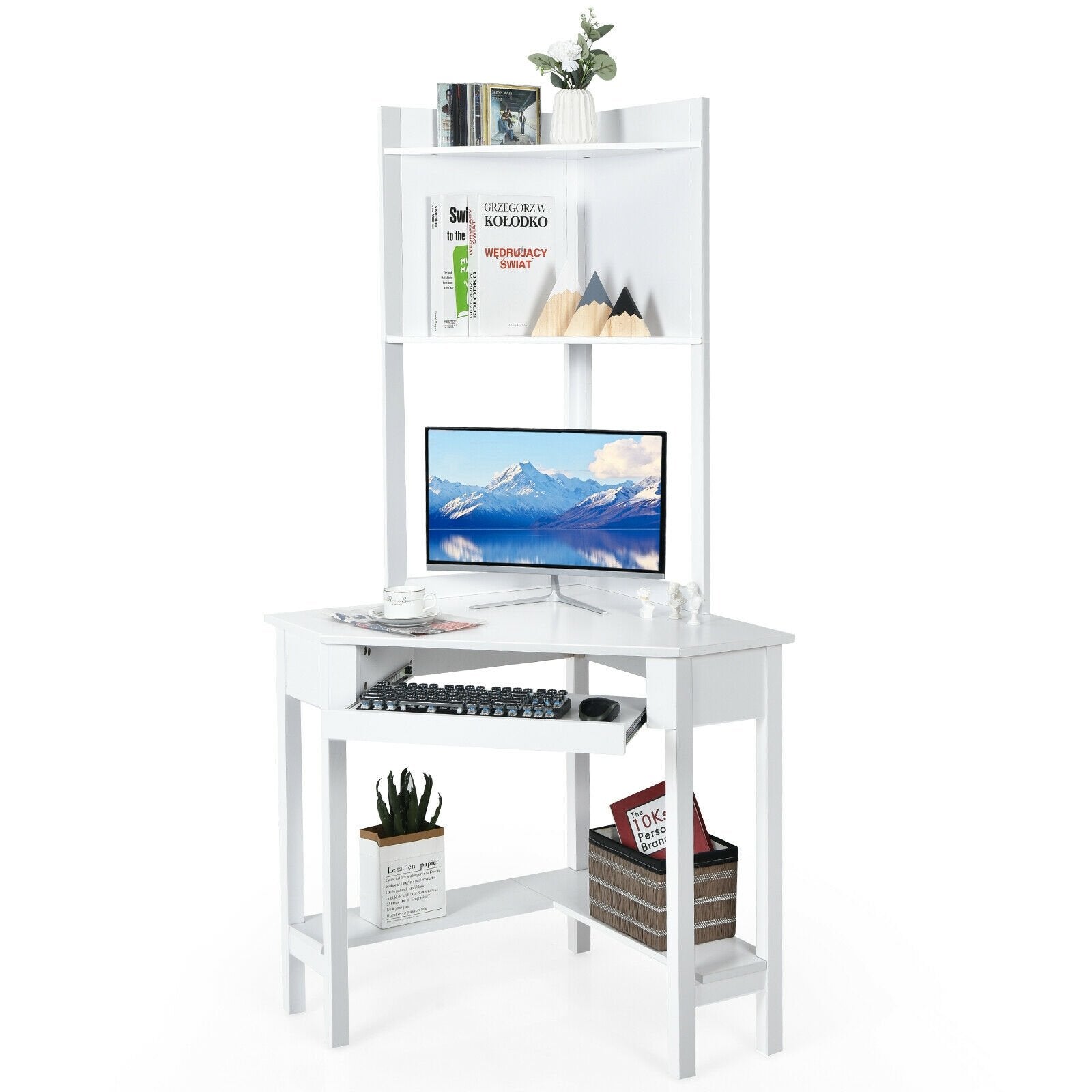 Corner Computer Desk with Hutch and Storage Shelves, White at Gallery Canada