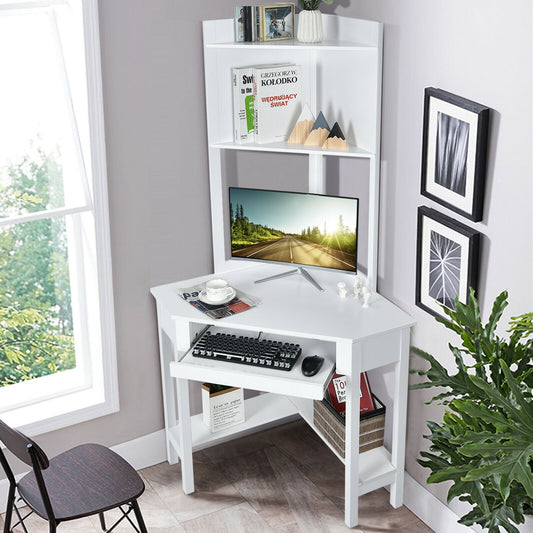 Corner Computer Desk With Hutch, Storage Shelves, White