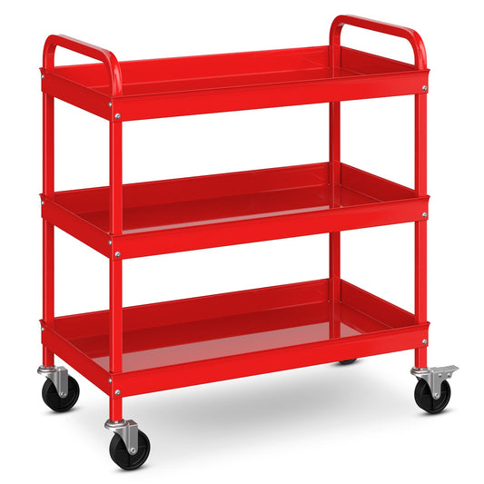 3-Tier Metal Utility Cart with Lockable Casters and Handles, Red