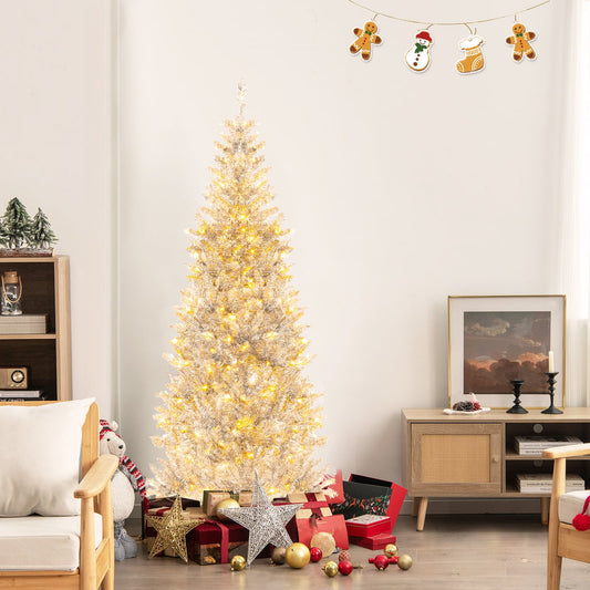 6 Ft Pre-Lit Artificial Tinsel Christmas Tree, 790 Branch Tips, 300 LED Lights, Silver Christmas Tree Silver at Gallery Canada