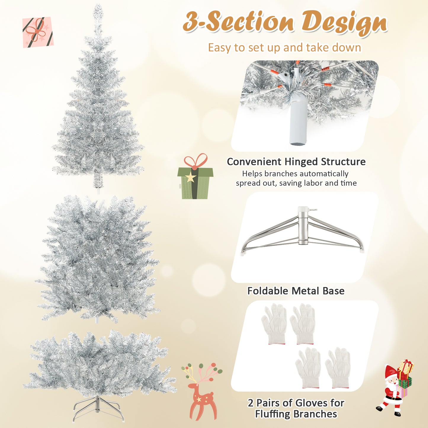 6 Ft Pre-Lit Artificial Tinsel Christmas Tree, 790 Branch Tips, 300 LED Lights, Silver Christmas Tree at Gallery Canada