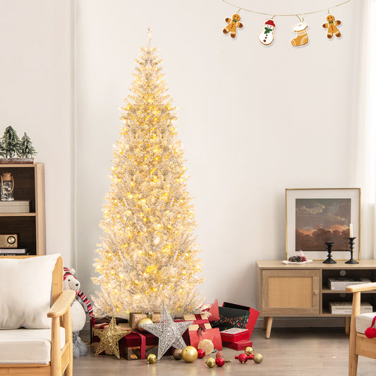 6/7 FT Pre-Lit Artificial Silver Tinsel Xmas Tree with 790 Branch Tips and 300 LED Lights-7 ft, Silver Christmas Tree 7 ft at Gallery Canada