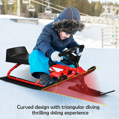 Kids Snow Sled with Steering Wheel and Double Brakes Pull Rope, Red at Gallery Canada