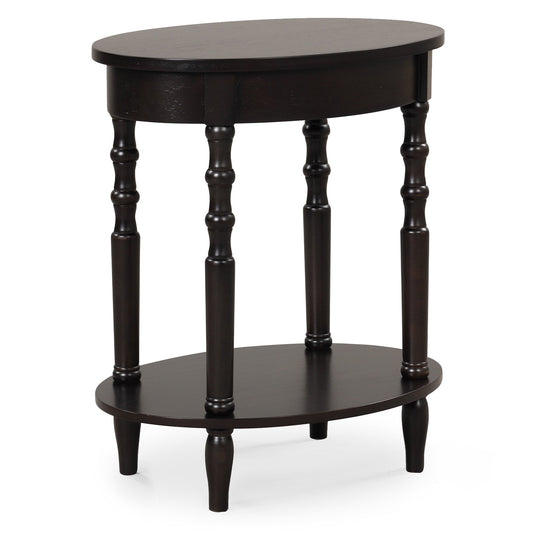 2-Tier Oval Side Table with Storage Shelf and Solid Wood Legs, Espresso