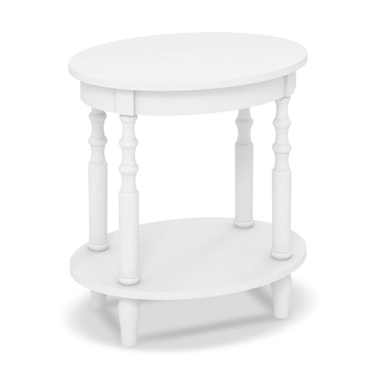 2-Tier Oval Side Table with Storage Shelf and Solid Wood Legs, White