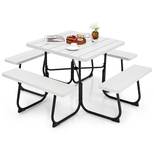 Outdoor Picnic Table with 4 Benches and Umbrella Hole, White