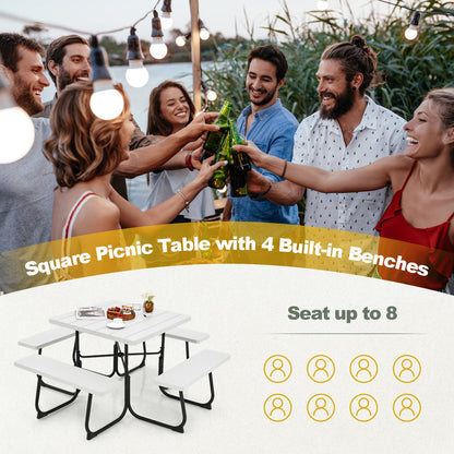 Outdoor Picnic Table with 4 Benches and Umbrella Hole, White