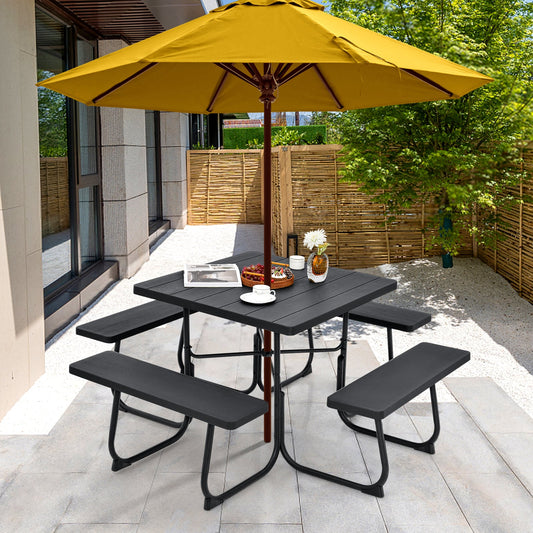 Outdoor Picnic Table With 4 Benches, Umbrella Hole, Black