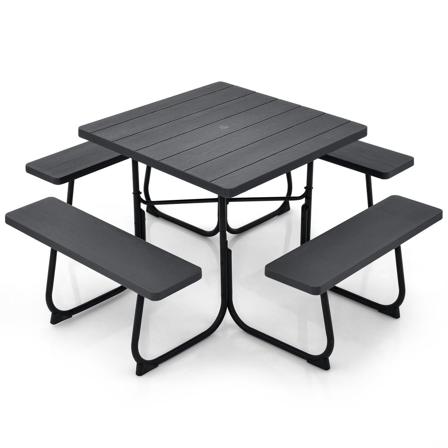 Outdoor Picnic Table with 4 Benches and Umbrella Hole, Black