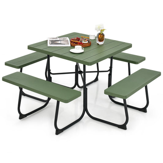 Outdoor Picnic Table with 4 Benches and Umbrella Hole, Green