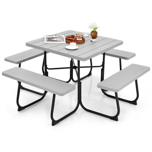 Outdoor Picnic Table with 4 Benches and Umbrella Hole, Gray