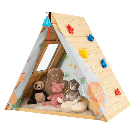 2-in-1 Wooden Kids Triangle Playhouse with Climbing Wall and Front Bell , Natural