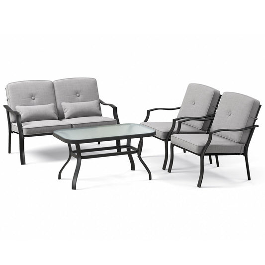 4 Pieces Outdoor Conversation Set with Seat Back Cushions and Waist Pillows, Gray