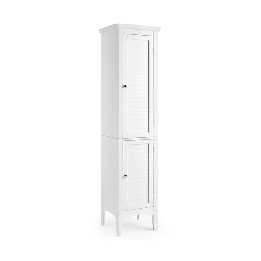 Tall Bathroom Floor Cabinet with Shutter Doors and Adjustable Shelf, White