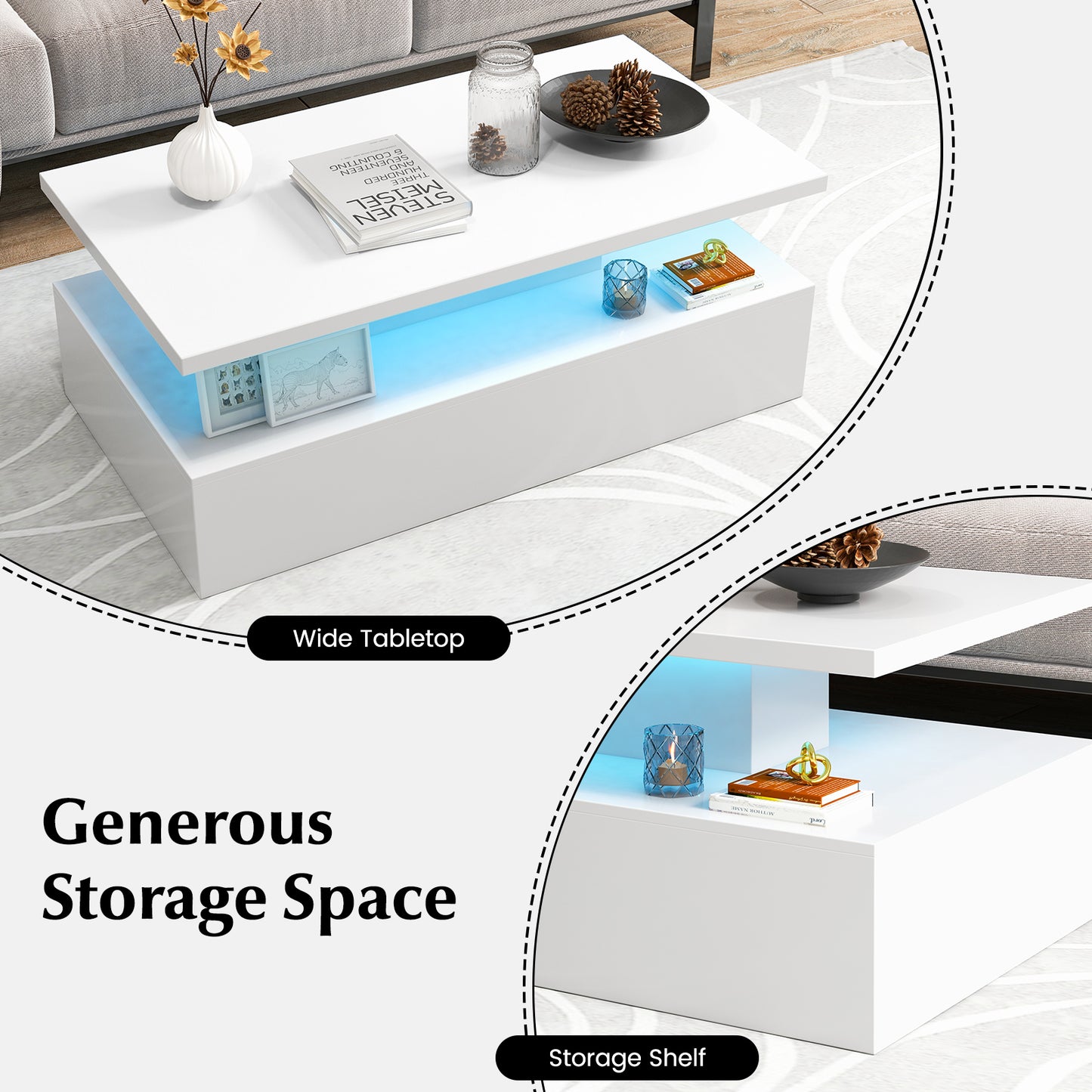 Modern 2-tier High Glossy Table with Adjustable Light Colors for Living Room, White Coffee Tables at Gallery Canada