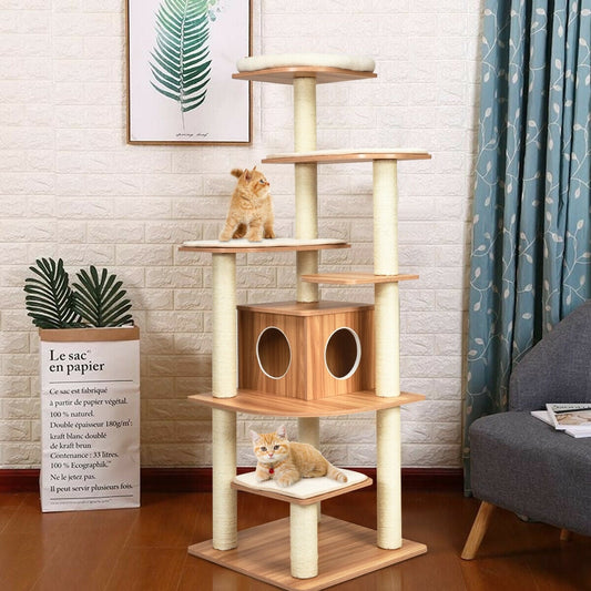 7-Layer Wooden Cat Tree, Tall Cat Tower, Sisal Posts, Condo, Natural Cat Trees Condos & Scratchers Natural at Gallery Canada