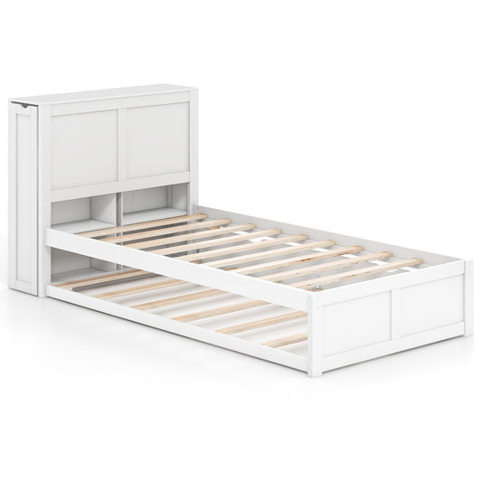 Twin/Full Kids Wooden Platform Bed with Trundle Storage Headboard-Twin Size, White