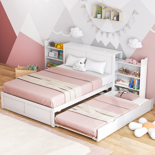 Kids Wooden Platform Bed With Trundle Storage Headboard, Full Size, White Simple Bed Frame White at Gallery Canada