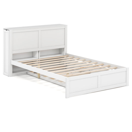 Twin/Full Kids Wooden Platform Bed with Trundle Storage Headboard-Full Size, White