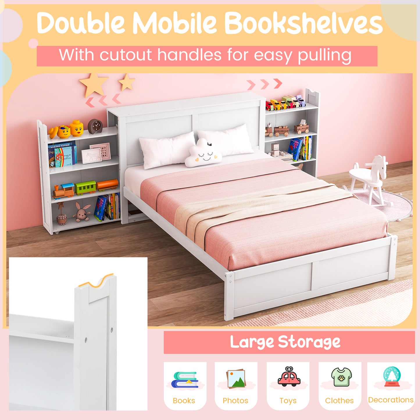 Kids Wooden Platform Bed With Trundle Storage Headboard, Full Size, White Simple Bed Frame at Gallery Canada