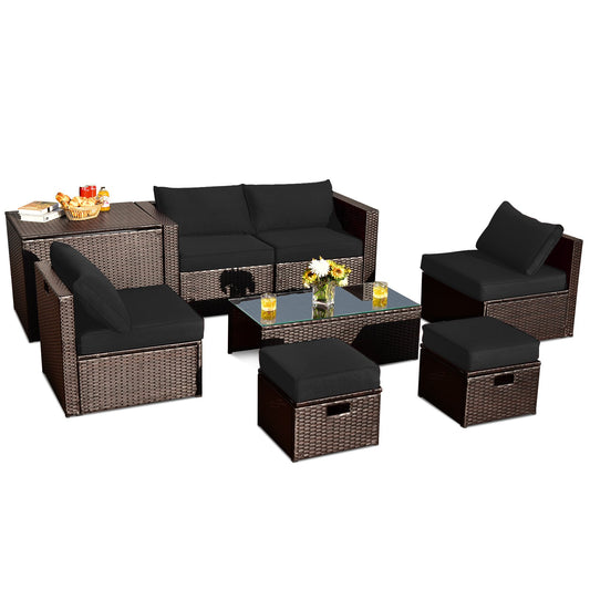 8 Pieces Patio Space-Saving Rattan Furniture Set with Storage Box and Waterproof Cover, Black