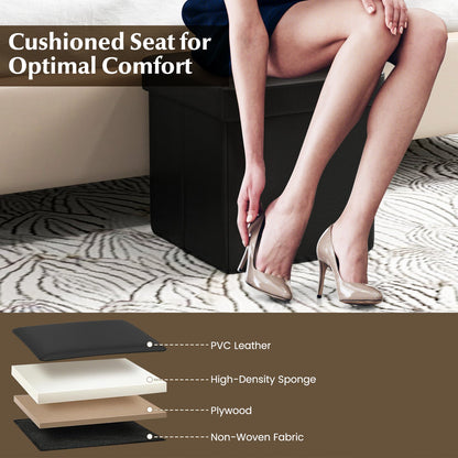 Upholstered Square Footstool with PVC Leather Surface for Bedroom, Black