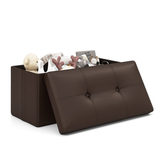 Upholstered Rectangle Footstool with PVC Leather Surface and Storage Function, Brown