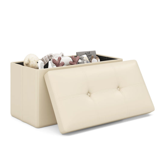 Upholstered Rectangle Footstool with PVC Leather Surface and Storage Function, White