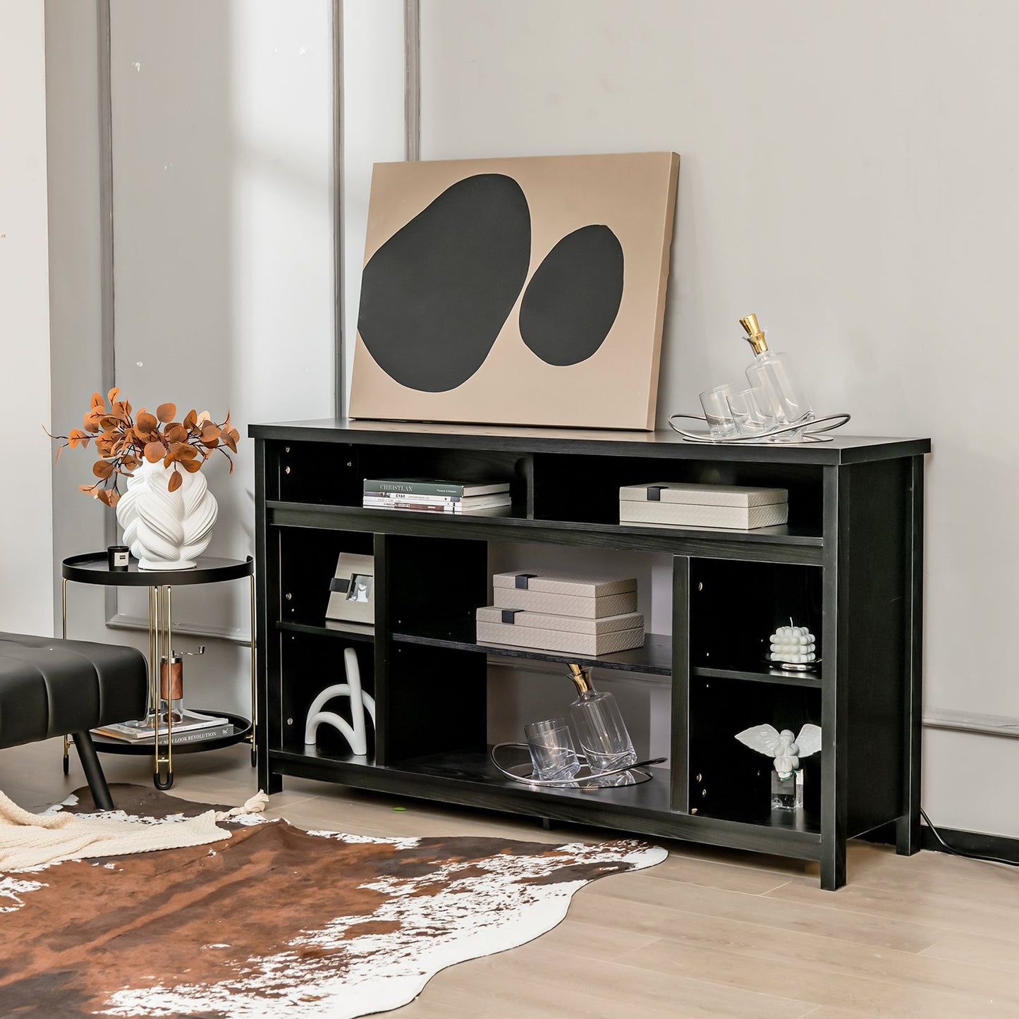 58 Inch TV Stand Entertainment Console Center with Adjustable Open Shelves, Black at Gallery Canada